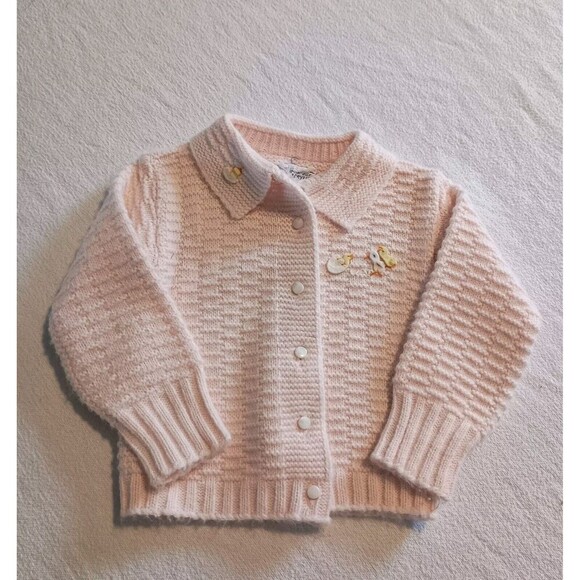 VTG Baby Acrylic Cardigan Sweater Pink Knit Chicks USA Made Cottage Prairie - Picture 1 of 6